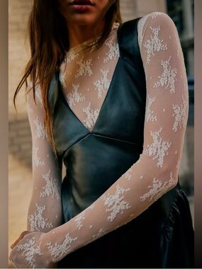 Free People Black Faux Leather Mini Vera Dress with Lace Undershirt